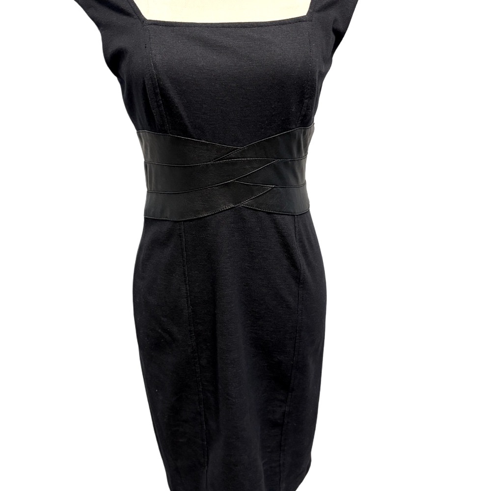 Maggy London Black Sheath Midi Dress Square Neck Leather Waist - 4